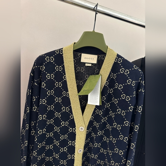 Gucci Navy blue and gold GG Cotton Lame Cardigan Size S - Picture 3 of 8